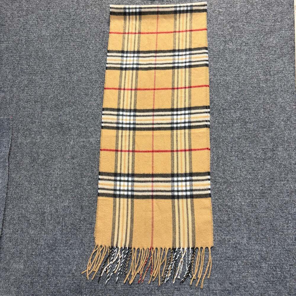 V Fraas Cashmink Scarf Plaid Nova Check Tan Beige Camel Fringe Made in Germany